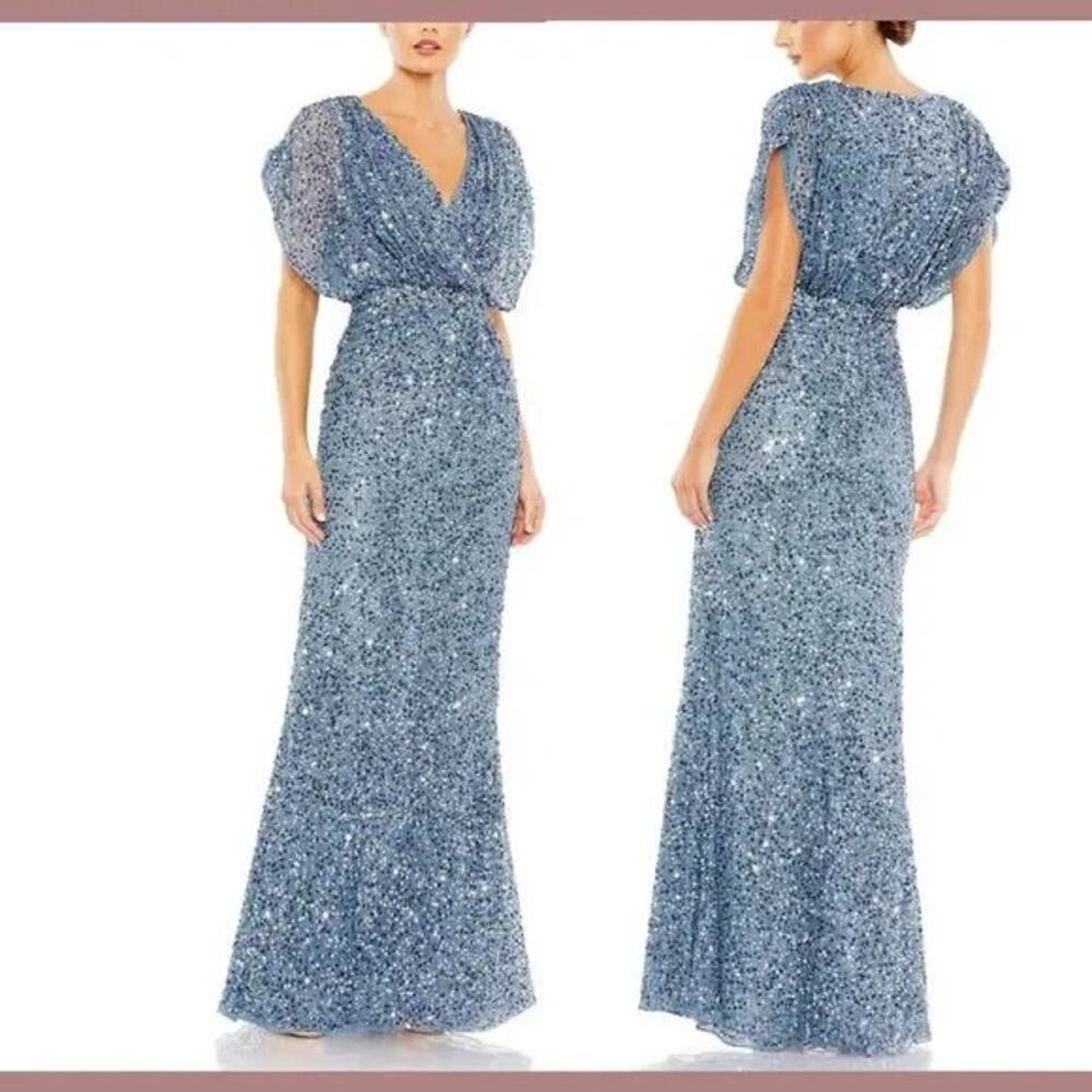 Draped sleeve V Neck Gown in Slate Blue Style 5640 Size - 8
